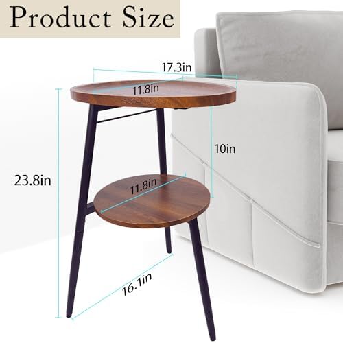 Side Table Small End Table, Oval Round Wood Sofa Table, 2 Tier Accent Table Nightstand Bedside Table with Metal Frame for Living Room, Bedroom, Small Spaces (Rustic Brown) - Image 3