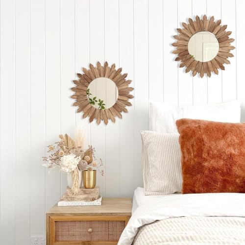 LOSOUR 2 Pack Boho Wall Decor Sunburst Mirror 12 inch Rustic Round Wood Mirror Boho Mirror Farmhouse wall Decor for Bedroom Living Room Entryway - Image 3