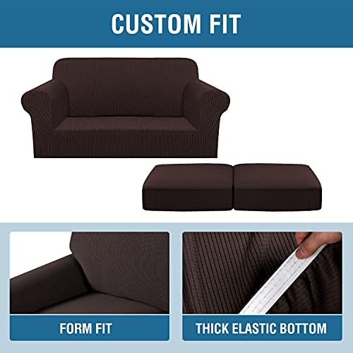 H.VERSAILTEX 3 Piece Stretch Sofa Covers for 2 Cushion Loveseat Couch Covers for Living Room Sofa Slipcovers (Base Cover Plus 2 Seat Cushion Covers) Thicker Jacquard Fabric(Medium Sofa, Chocolate) - Image 4