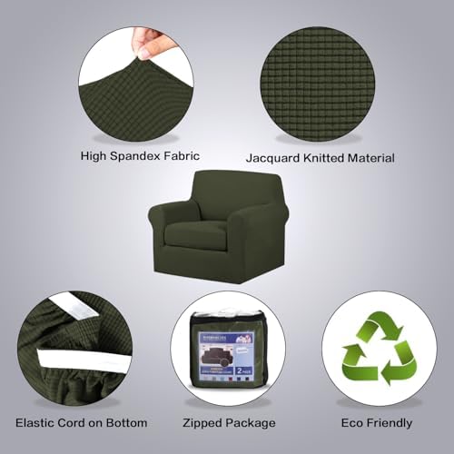 H.VERSAILTEX 2 Piece Couch Cover Stretch Stylish Chair Cover Furniture Cover/Protector Featuring Jacquard Textured Twill Fabric, High Spandex Slipcover Machine Washable (Chair, Olive) - Image 4