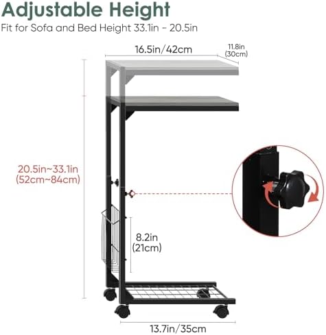 C Shaped End Table Small Couch Side Table with Metal Frame Slide Under Couch Table for Sofa Adjustable Height C Table for Living Room Bedroom Small Spaces, Grey - Image 2