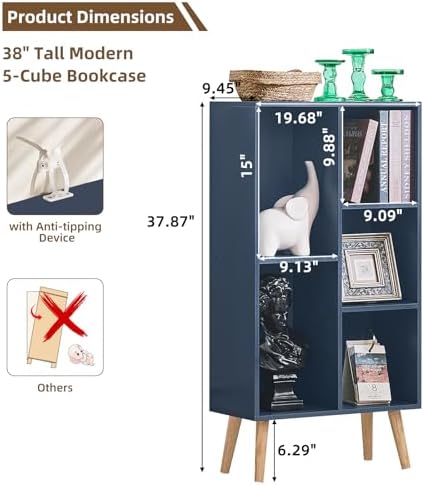 LEYAOYAO 5 Cube Bookshelf,Mid-Century Modern Book Shelf with Legs,Dark Blue - Image 2