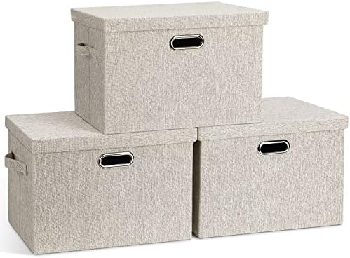 Graciadeco Large Quart Collapsible Stackable Storage Bins with Lids, 3 Packs Beige Linen Fabric Closet Boxes with Lids, Storage Cube Baskets Container Organizers for Bedroom Office(16.6 x 11.7 x 10.8) by GraciadecoStorage