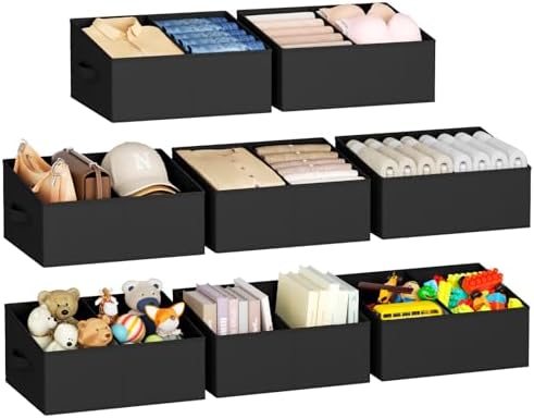 DIMJ Large Closet Shelf Organizer Bins 8 Packs with Handles and Divider, Fabric Trapezoid Storage Baskets, Foldable Clothes Containers Box for Shelf, Towel, Book, Toy, Purse, Hats, Black by DiMJ