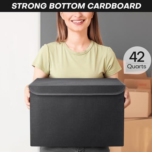 Bagnizer Large 42 Quarts Fabric Storage Bins with Lids [2-Pack] Linen Collapsible Foldable Storage Cubes, Closet Organizer Containers boxes with Handles for Home Office (16.7 x 12 x 12, Black) - Image 6