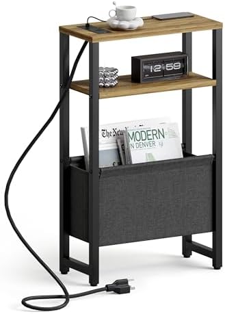 Narrow Side Table with Charging Station Slim End Table Sofa with Magazine Rack, Bedside Table for Small Spaces, 3 Tier Nightstand for Living Room Couch, Bedroom Walnut Brown LET503BRE by IRCPEN