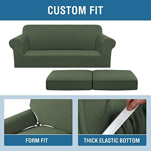 H.VERSAILTEX 3 Piece Stretch Sofa Covers for 2 Cushion Sofa Couch Covers for Living Room Furniture Cover (Base Cover Plus 2 Seat Cushion Covers) Thicker Jacquard Fabric(Large Sofa, Bronze Green) - Image 4