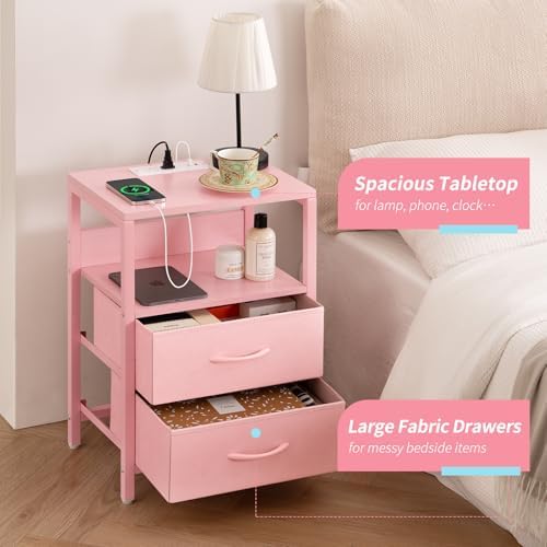 Yoobure Nightstand with Charging Station, Small Night Stand with Fabric Drawers and Storage Shelf for Bedrooms, Nightstands for Small Spaces, Bedside Table with USB Ports & Outlets Bed Side Table - Image 6