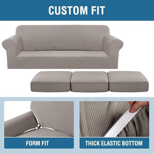 H.VERSAILTEX 4 Piece Stretch Sofa Covers for 3 Cushion Couch Covers for Living Room Furniture Slipcovers (Base Cover Plus 3 Seat Cushion Covers) Thicker Jacquard Fabric (Large Sofa, Taupe) - Image 5