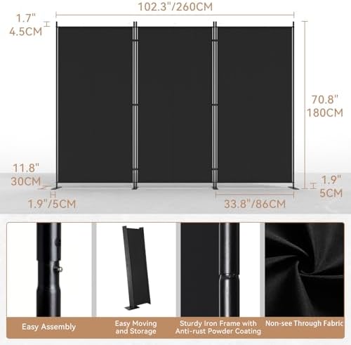 C-Hopetree 3 Panels Room Divider, 6 Ft Tall Indoor Folding Privacy Screen, Portable Partition Separator, Freestanding Separation Temporary Wall for Office, Bedroom, 102" W X 71" H, Black - Image 4
