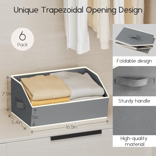 Homsorout Large Closet Organizers and Storage Bins - 6 Pack Trapezoid Storage Baskets for Shelves, Foldable Fabric Baskets with Handles Ideal for Closet, Basket, Wardrobe and Shelf Storage, Grey - Image 2