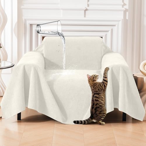 Deep Dream Cat-Scratch Resistant Armchair Couch Cover, Waterproof Sofa Cover for Dogs, Pet Friendly Couch Protectors Anti Slip Thickened Slipcovers for Dogs Pets, 71" x 91", White by DeepDream
