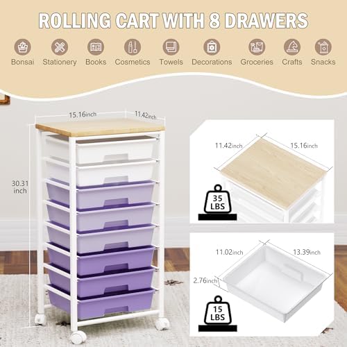 Rolling Cart with 8 Drawers, Storage Drawers Cart with Wooden Tabletop and Lockable Wheels, Craft Storage for Living Room, Office, Classroom, Craft Room, Bedroom (Purple) - Image 2