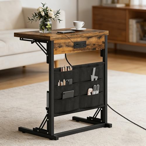 Foldable C-Shaped Table with Charging Station, Folding TV Tray End Table for Small Space, Portable Side Table for Couch, C Table with Storage Bag for Sofa Living Room, Bedroom Rustic Brown SC-005R - Image 7