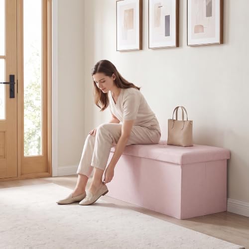OLIXIS 30 Inch Folding Storage Ottoman Bench, Pink Ottoman with Storage - Image 2