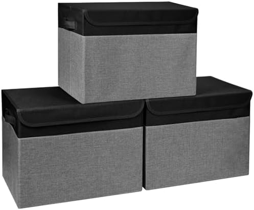 Large 17" 42 Quarts Collapsible Stackable Storage Bins with Lids [3-Pack] Foldable Fabric Linen Storage Boxes Cube, Closet Organizer Baskets with Label for Home (16.7 x 12 x 12", Black & Gray) by Bagnizer