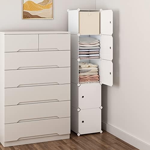 MAGINELS 5 Cube Storage Cabinet, Narrow Clothes Storage with Doors,Tall Plastic Standing Organizer Shelves for Small Spaces,Use to Closet,Bedroom,Livingroom,White(11.8x11.8inch) - Image 2