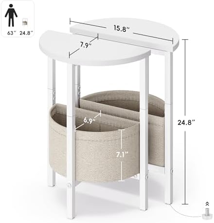 Vagusicc Side Table, Small Round End Table, Tall Accent Table with Storage Basket, Set of 2 Half Round Coffee Tables Half Moon Tables, Bedside Table, Modern Nightstand for Living Room Bedroom, White - Image 3