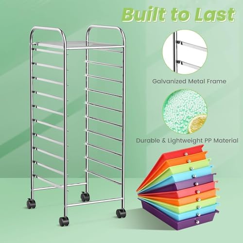 10-Drawer Rolling Storage Cart, Trolley w/Lockable 360° Wheels, 10 Removable PP Drawers, Sturdy Metal Frame, Rolling Utility Cart Perfect for Home, Office, Classroom (Multi-Colored) - Image 6