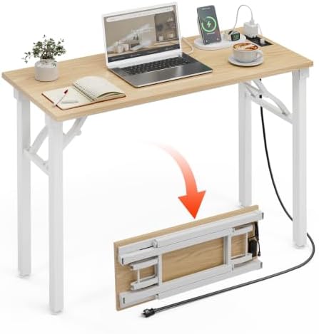 XBurmo Small Folding Desk Folding Table, No Assembly Foldable Desk Gaming Desk, 35.8-Inch Computer Table Workstation with 2 AC Outlets and 2 USB Ports for Bedroom and Home Office, Light Maple by XBurmo