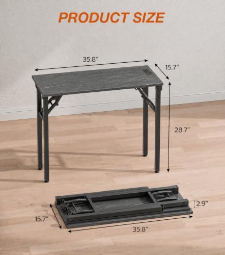 XBurmo Small Folding Desk Folding Table, No Assembly Foldable Desk Gaming Desk, 35.8-Inch Computer Table Workstation with 2 AC Outlets and 2 USB Ports for Bedroom and Home Office, Marble Greige - Image 2