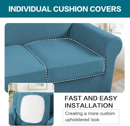 Turquoize 4 Piece Sofa Covers for 3 Cushion Couch Sofa Slipcover Soft Couch Cover for Dogs Washable Furniture Cover with 3 Individual Large Cushion Covers Feature Fabric (Large Sofa, Storm Blue) - Image 5