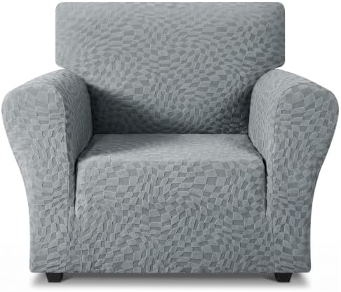 ZNSAYOTX 1 Piece Stretch Chair Cover with Arms (34"-44"), New Plaid Armchair Cover with Elastic Band for Living Room, Ultimate Soft Cozy Washable Chair Slipcover Form Fit Protector, Light Grey by ZNSAYOTX