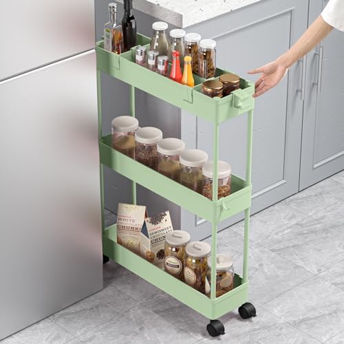 SPACELEAD Slim Storage Cart 3 Tier,Bathroom Organizer Rolling Utility,Mobile Shelving Unit Slide Out for Office, Kitchen, Laundry Room & Narrow Places，Green - Image 4