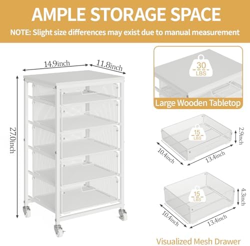 Sbanmao Utility Cart with 5 Drawers, Rolling Storage Cart with Wooden Tabletop and Lockable Wheels, Storage Drawer Cart with Drawers, Craft Cart for Bedroom, Classroom, Home, Office, White - Image 2