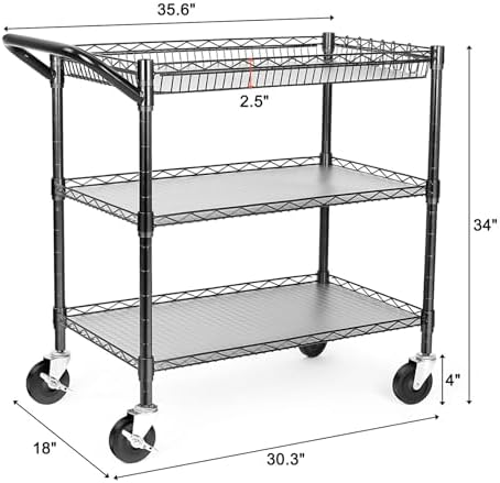 BolDuck Heavy Duty Utility Cart, 990Lbs Capacity 3 Tier Rolling Carts with Wheels, Kitchen Cart on Wheels with Storage, Commercial Grade Metal Serving Carts with Wire Shelving &Handle Bar, Black - Image 6
