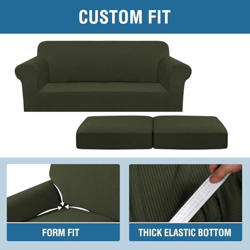 H.VERSAILTEX 3 Piece Stretch Sofa Covers for 2 Cushion Loveseat Couch Covers for Living Room Sofa (Base Cover Plus 2 Seat Cushion Covers) Thicker Jacquard Fabric (Medium Sofa, Olive) - Image 4
