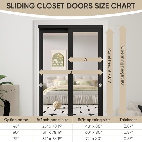 JUBEST 48" x 80" Mirror Closet Door, Preassembled One Side Mirror Door with Hardware Kit & Matching Fascia, Solid Wood Frame with Water-Proof PVC Surface, Easy to Install, Black - Image 4
