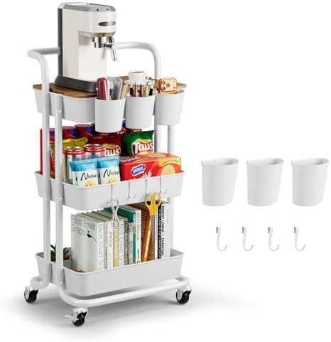 3 Tier Rolling Cart with Table Top, Utility Cart with Lockable Wheel by Aratan
