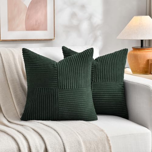 Fancy Homi Set of 2 Dark Green Samll Decorative Throw Pillow Covers 14x14 Inch for Living Room Couch Bed, Boho Farmhouse Forest Green Home Decor, Soft Corss Corduroy Patchwork Textured Cushion Case - Image 4
