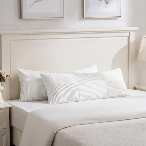 Fancy Homi Set of 2 White Boho Long Lumbar Body Decorative Throw Pillow Cover 14x36 Inch for Bed Couch Bedroom Bench, Soft Patchwork Corduroy Textured Pillow Case, Rustic Farmhouse Room Décor by Fancy+Homi