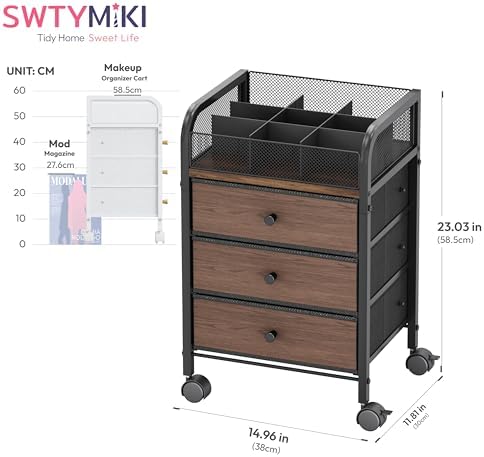 SWTYMIKI Rolling Makeup Organizer Cart - 14.96″*11.81″*23.03″ Widened Under Desk Vanity Storage with 3 Non-woven Drawers, Cosmetic Display Cases for Skin Care Perfume Nail Polish Brush Hair Tool Black - Image 2