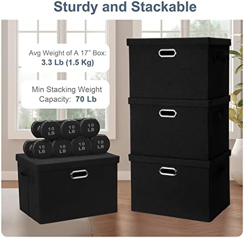 Graciadeco Large 17" 36 Quart Collapsible Stackable Storage Bins with Lids, 3 Packs Black Linen Fabric Closet Boxes with Lids, Storage Cube Baskets Container Organizers for Bedroom Office(17 x12 x11) - Image 4