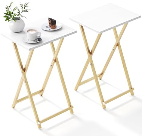 Acovy Foldable TV Trays, Small Folding Table, TV Trays Set of 2, TV Dinner Tray, Side Table for Bed, Couch, Portable Easy to Move, White & Gold by Acovy