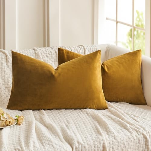 MIULEE 12x20 Inch Lumbar Velvet Throw Pillow Covers Mustard Yellow by MIULEE