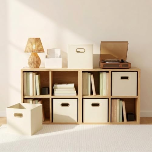 Fabric Storage Bins 6 Piece Set, Strong Poly-Woven Fabric, Sturdy Chipboard Sides, Grommet Front Handle, Stackable and Foldable, Classic Design, Cream - Image 5