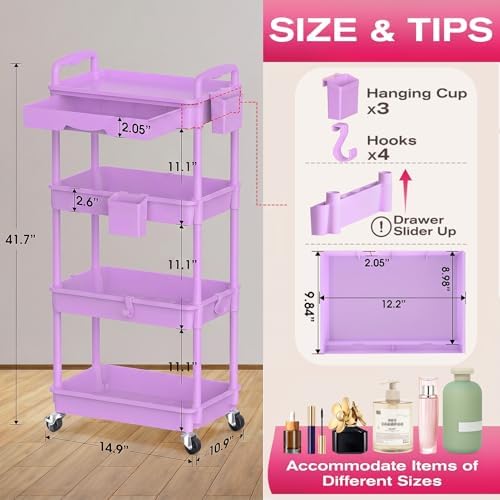 Goovilla Rolling Makeup Organizer Cart with Removable Drawer, 4 Tier Purple - Image 2