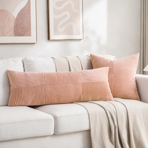 Fancy Homi 2 Packs Peach Decorative Throw Pillow Covers 18x18 Inch for Living Room Couch Bed Sofa, Rustic Boho Farmhouse Home Decor, Soft Corss Corduroy Patchwork Textured Square Cushion Case 45x45 cm - Image 6