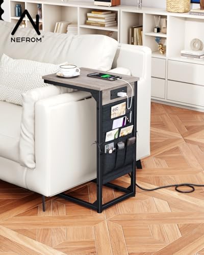 C-Shaped End Table with Fast-Charging Station, Small Couch Side Table with Storage Bag, Sofa TV Tray Table for Living Room, Bedroom, Bedside ET-GY-1 - Image 5