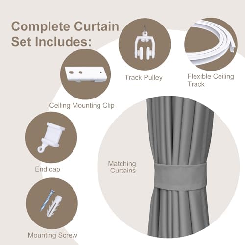 MaKefeile Room Divider Curtains & Flexible Bendable Tracks Set,Privacy Dividers Ceiling Track Curtain Window Blackout Curtains for Living Room Bedroom (W100 × H96 in 1 Panel Grey Drape & White Rail) - Image 2