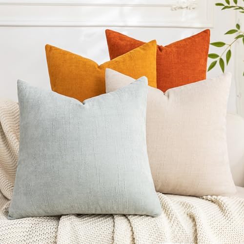 Set of 4 Soft Textured Decorative Throw Pillow Covers 20x20 Inch Cozy Farmhouse Cushion Cover Square Accent Pillow Cases for Bed Couch Sofa Living Room, Beige Aqua Burnt Orange by Cozoomy