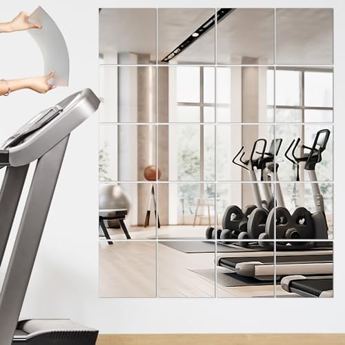 Queekay 20 Pcs Home Gym Mirrors 12'' x 12'' Mirror Tiles Self Adhesive Workout Frameless Acrylic Wall Mirror 2mm Thick Wall Mounted Mirror Sheets Mirror Trays for Wedding Table Centerpieces by Queekay