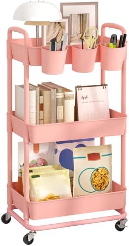 JIUYOTREE 3-Tier Plastic Rolling Storage Cart Utility Cart Pink by JIUYOTREE