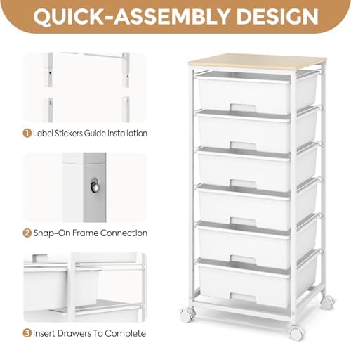 6 Drawer Rolling Storage Cart with Wooden Top and Wheels for Crafts,White - Image 5