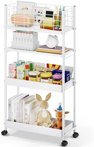 KINGRACK 4 Tier Slim Rolling Cart, Metal Utility Storage Cart with Wheels | 5.7" Raised Edge, Narrow Space Trolley Organizer for Bathroom, Kitchen, Office, Dorm, Laundry, Living Room, White by KINGRACK