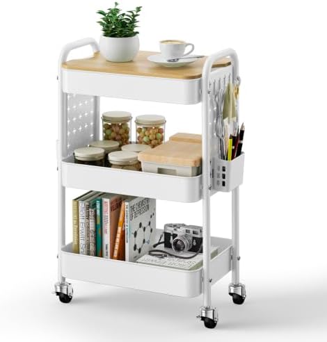 3 Tier Rolling Cart with Table top, Metal Utility Cart with DIY Pegboard by Aratan